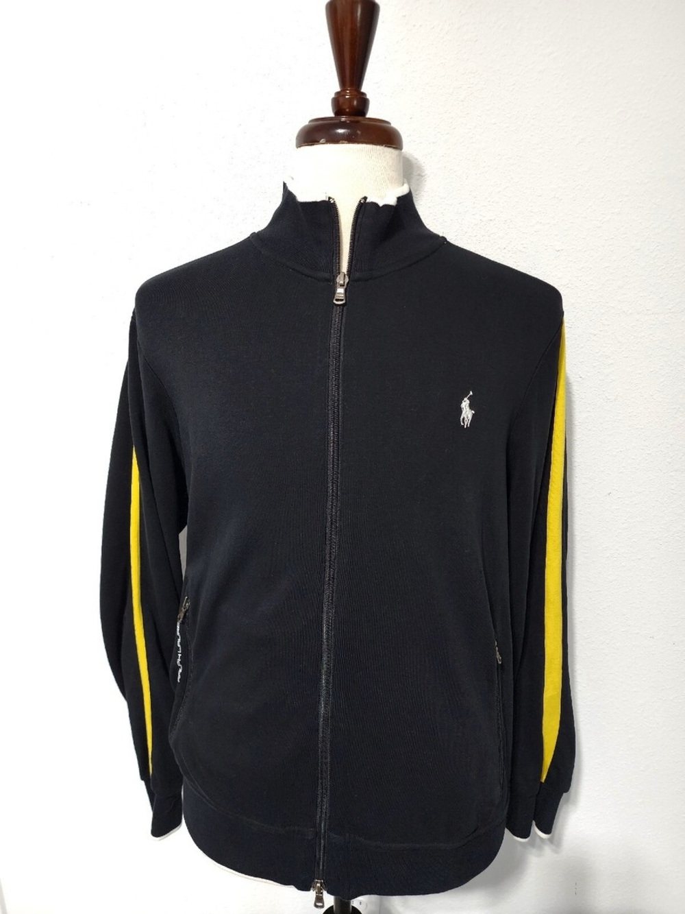 Polo by Ralph Lauren Black Zip-Up Track Jacket with Yellow Sleeve Stripes